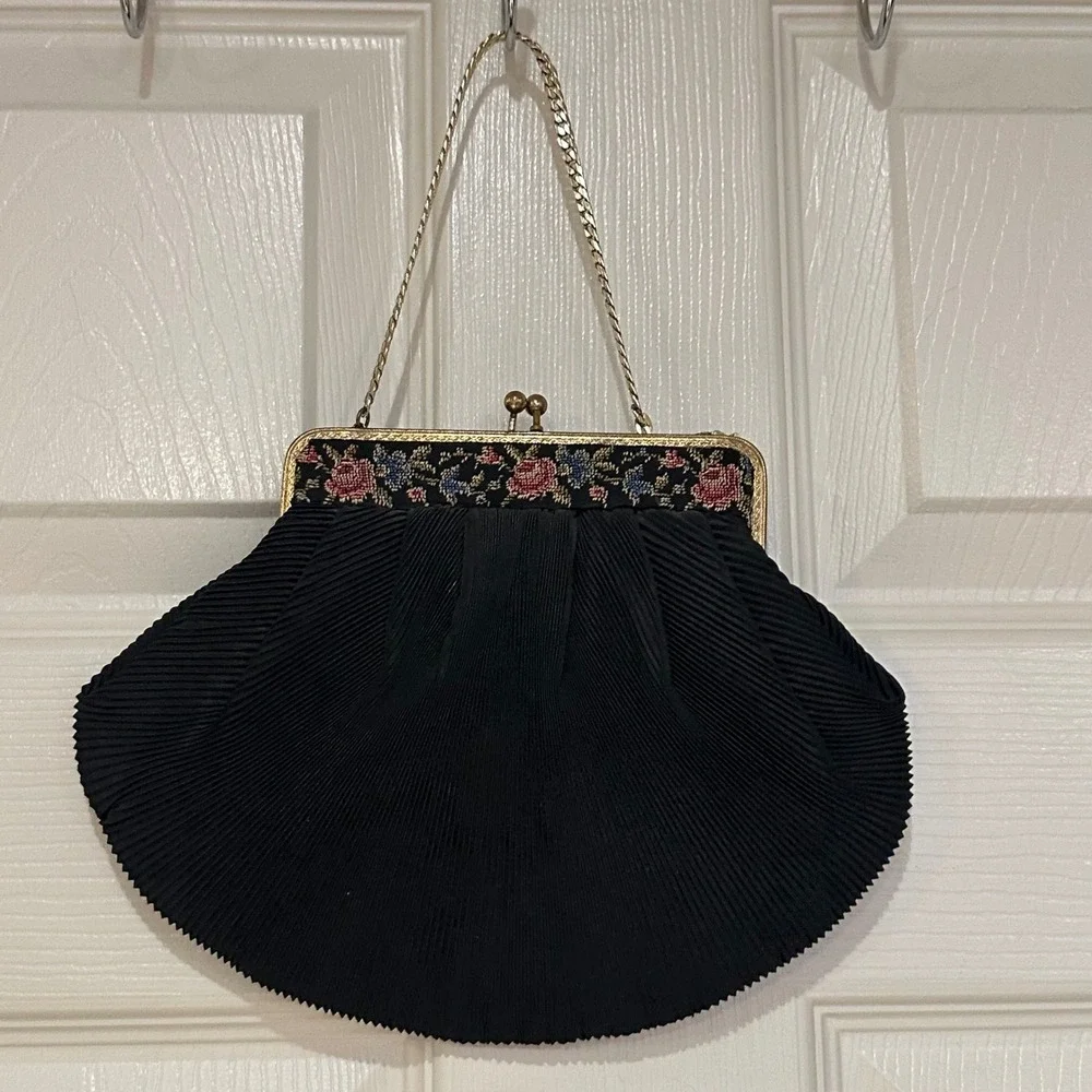 Vintage Black Pleated Evening Bag Floral Tapestry Gold Frame Kiss Lock Clutch